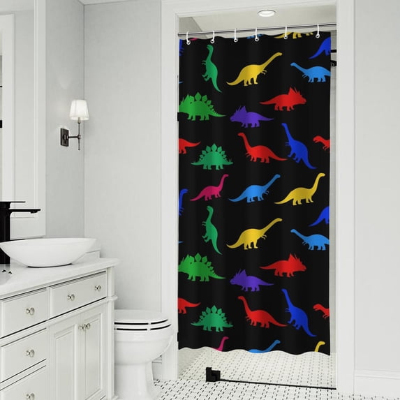 Black Cartoon Dinosaurs Colorful Silhouettes Pattern Shower Curtain 36"x72" ,Bathroom Decorative Shower Curtains Set with 12 Hooks,Modern Waterproof Washable Shower Curtain