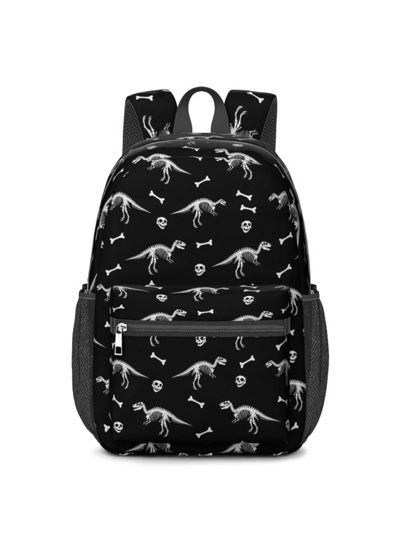 Black Cartoon Dinosaurs Fossils Pattern 17" Waterproof Oxford School Backpacks for Teens, S-Shape Padded Straps, for School, Travel, Hiking, Camping