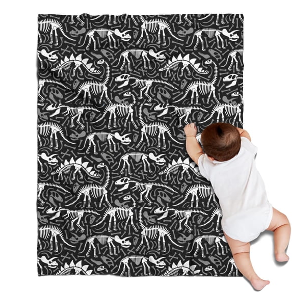 Black Cartoon Dinosaurs Fossils Pattern Blanket,Comfortable Soft Flannel Throw Blanket,All Season,Warm Lightweight Blankets for Sofa Bed Couch Living Room Chair,30"x40"