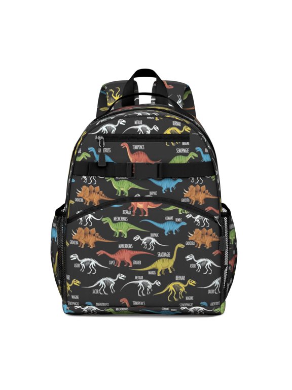 Black Cartoon Dinosaurs Infos Pattern Cute School Backpack Bag for School with Padded Back and Adjustable Shoulder Straps 15.25"x11.5"x5.25"