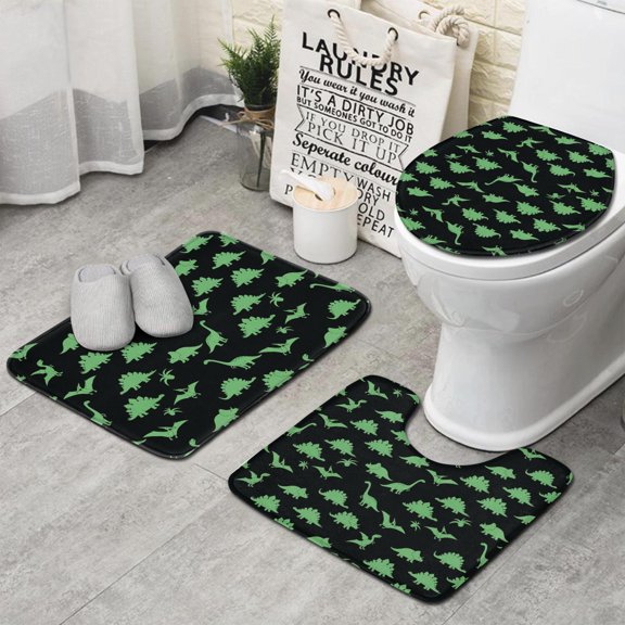 Black Cartoon Dinosaurs Pattern Bathroom Rugs Sets 3 Piece,Toilet Cover Set,Absorbent Non Slip Bathroom Mats Sets with U-Shaped Contour Rug Toilet Rug Set