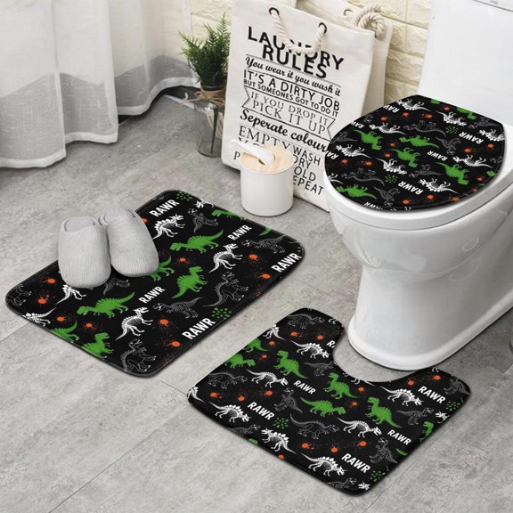 Black Cartoon Dinosaurs Rawr Pattern Bathroom Rugs Sets 3 Piece,Toilet Cover Set,Absorbent Non Slip Bathroom Mats Sets with U-Shaped Contour Rug Toilet Rug Set