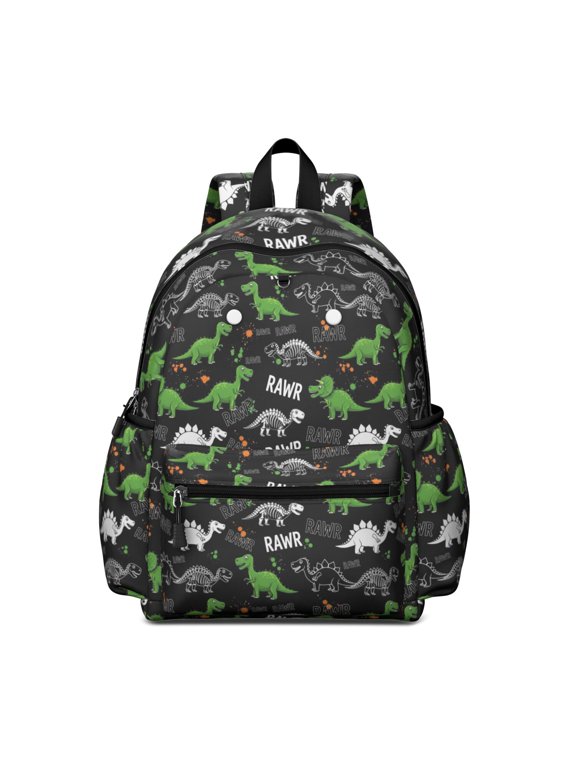 Black Cartoon Dinosaurs Rawr Pattern Cute School Backpack with Padded Back and Adjustable Shoulder Straps 13.4"x11"x4.7"