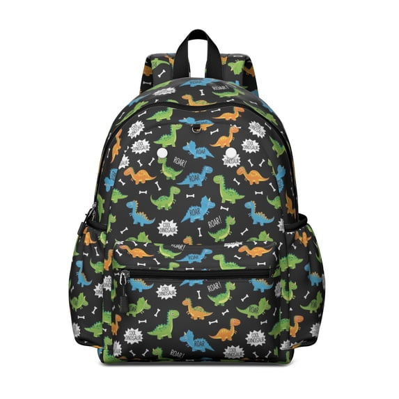Black Cartoon Dinosaurs Roar Pattern Cute School Backpack with Padded Back and Adjustable Shoulder Straps 13.4"x11"x4.7"