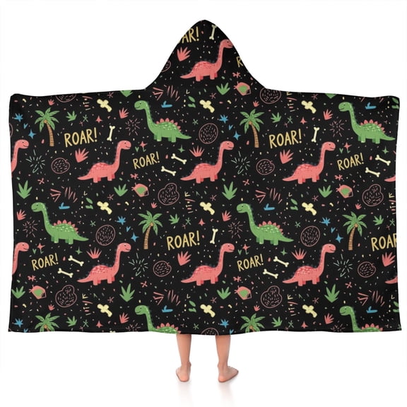Black Cartoon Dinosaurs Roar Pattern Hooded Bath Towel，50"x30" for Ages 3 To 12 Kids, Quick Dry Lightweight Soft Microfiber Hood Beach Towel Cover Up for Kids