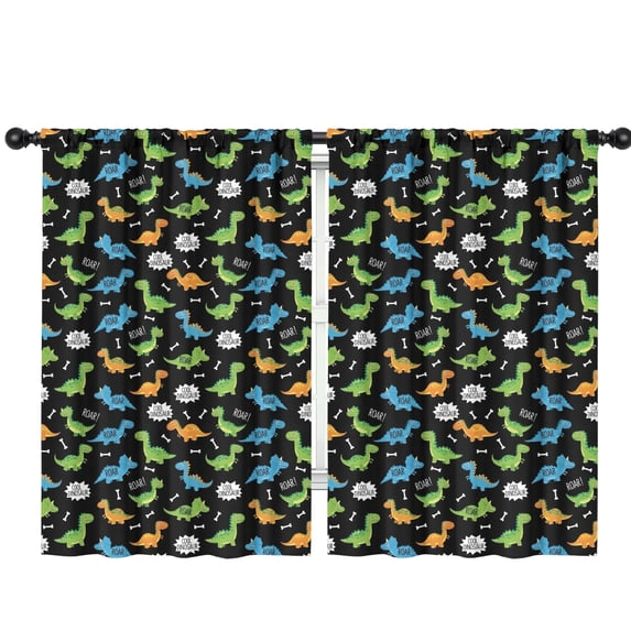 Black Cartoon Dinosaurs Roar Pattern Insulated Teens Curtains Set Of 2, Bedroom Essentials, Toddler Room Decor 42"x63"