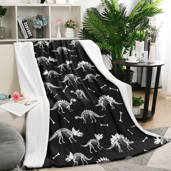 Black Cartoon Dinosaurs Skeletons Bones Pattern Blanket,Comfortable Soft Flannel Throw Blanket,All Season,Warm Lightweight Blankets for Sofa Bed Couch Living Room Chair,50"x60"