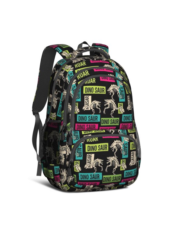 Black Cartoon Dinosaurs Skeletons Boxes Cute School Backpack Bag with Padded Back and Adjustable Shoulder Straps 16.9 X 12.6 X 5.9 Inches
