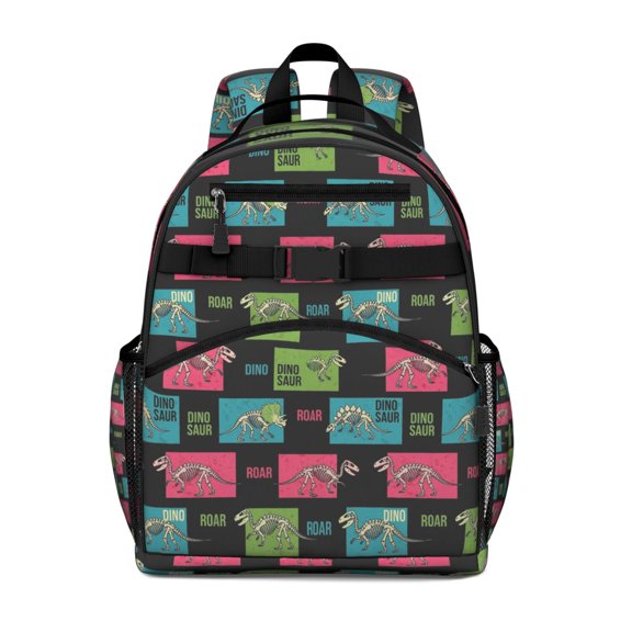 Black Cartoon Dinosaurs Skeletons Boxes Pattern Backpack for School,Cute School Bag,Schoolbag with Adjustable Shoulder Straps & Padded Back,15.25"x11.5"x5.25"