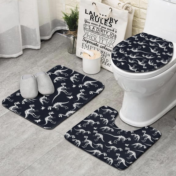 Black Cartoon Dinosaurs Skeletons Pattern Bathroom Rugs Sets 3 Piece,Toilet Cover Set,Absorbent Non Slip Bathroom Mats Sets with U-Shaped Contour Rug Toilet Rug Set