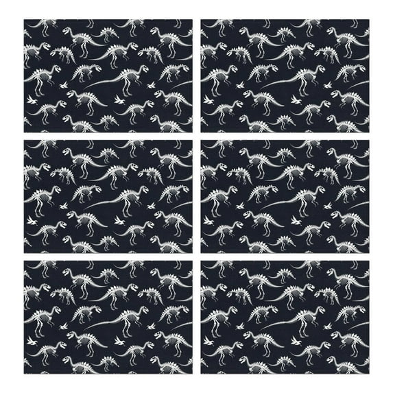 Black Cartoon Dinosaurs Skeletons Pattern Summer Placemats Table Placemats Set Of 6-Linen Kitchen Washable Placemats Table Mats 11.8"x17.7" Non-Slip Heat Resistant