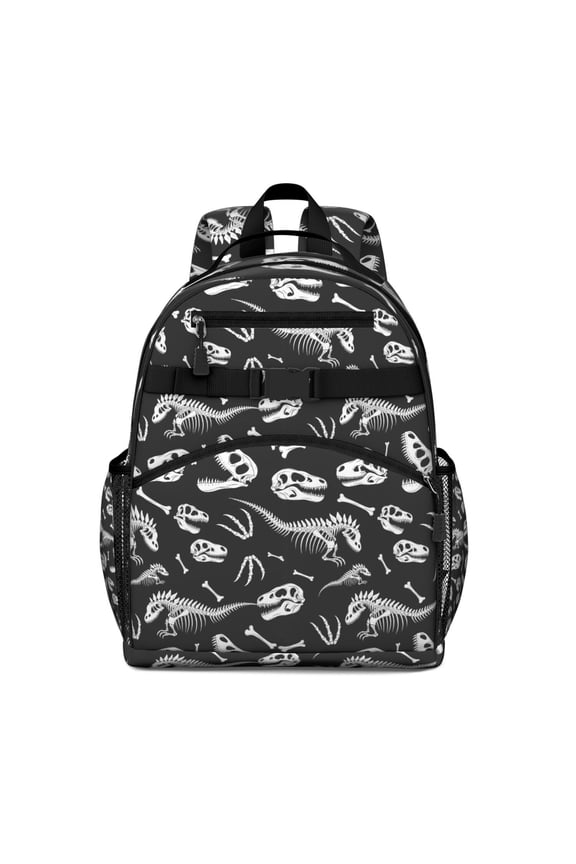 Black Cartoon Dinosaurs Skulls Skeletons Pattern Backpack for School,Cute School Bag,Schoolbag with Adjustable Shoulder Straps & Padded Back,15.25"x11.5"x5.25"
