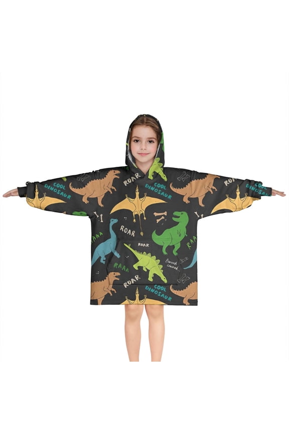 Black Cartoon Dinosaurs Text Pattern Blanket Hoodies for Kids 6-13YR Oversize Wearable Blanket Hoodies for Boys Girls Teens