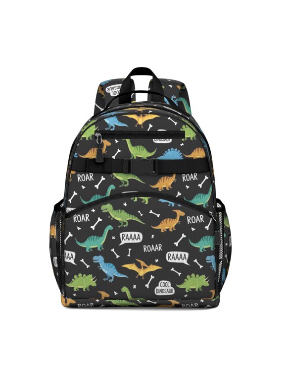 Black Cartoon Dinosaurs Text Pattern Cute School Backpack Bag for School with Padded Back and Adjustable Shoulder Straps 15.25"x11.5"x5.25"