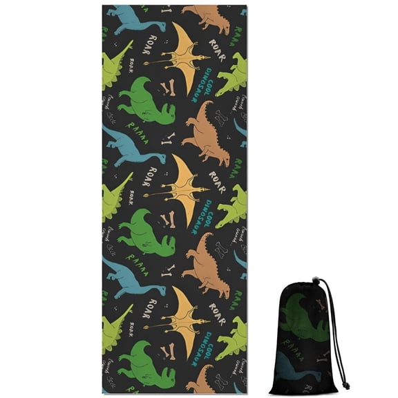 Black Cartoon Dinosaurs Text Pattern Hot Yoga Mat Towel Non Slip for Hot Yoga - Quick-Drying Yoga Mat Cover with 4 Corner Pockets with Travel Bag - Hot Yoga Towel Non Slip 70"x26"