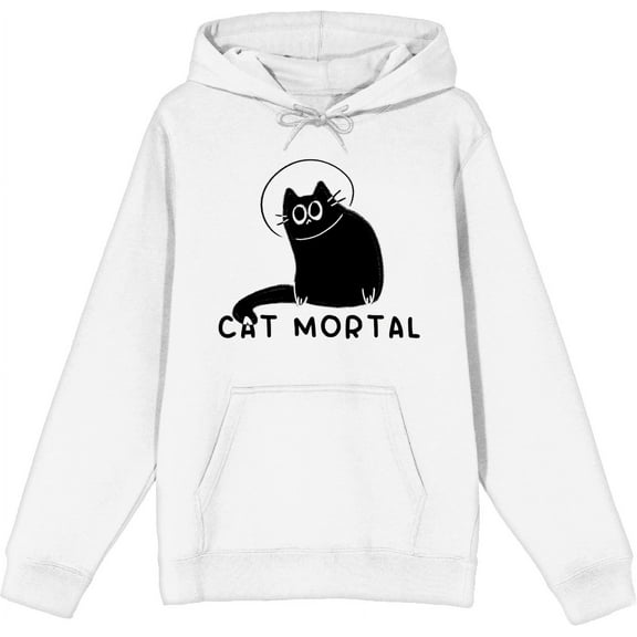 Black Cartoon Helmet Cat Adult White Long Sleeve Hoodie-Large