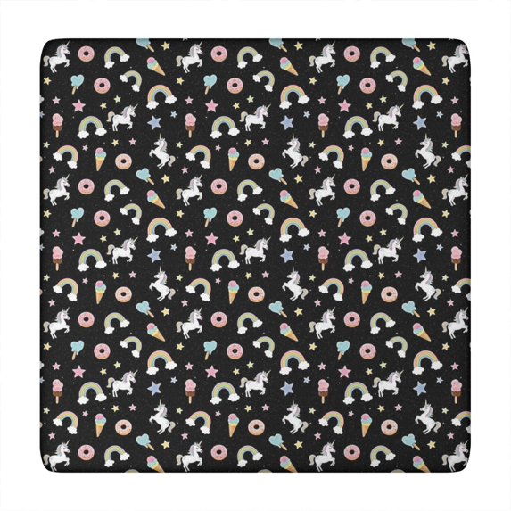Black Cartoon Unicorn Dessert Rainbow Star Pattern Square Fitted Tablecloth with Elastic Edge,Square Table Cover,Washable Elastic Table Cover for Home Kitchen Party Decor 34"x34"