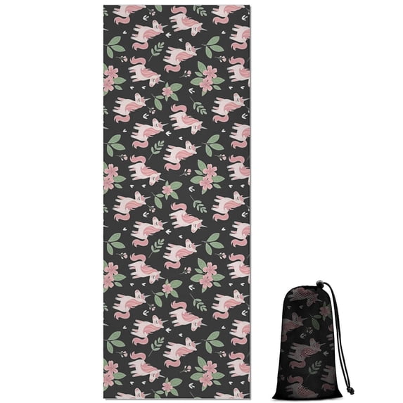 Black Cartoon Unicorn Floral Pattern Hot Yoga Mat Towel Non Slip for Hot Yoga - Quick-Drying Yoga Mat Cover with 4 Corner Pockets with Travel Bag - Hot Yoga Towel Non Slip 74"x26"