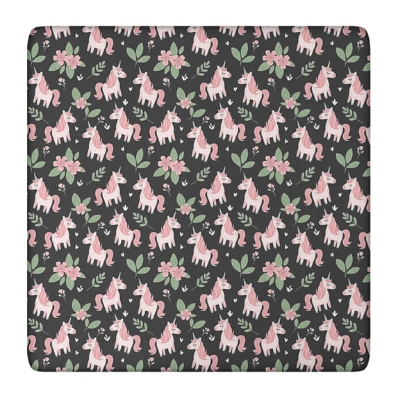 Black Cartoon Unicorn Floral Pattern Square Fitted Tablecloth with Elastic Edge,Square Table Cover,Washable Elastic Table Cover for Home Kitchen Party Decor 36"x36"