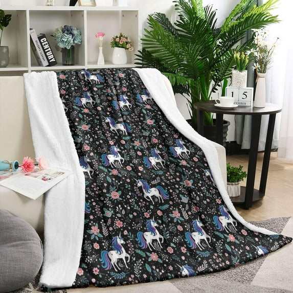 Black Cartoon Unicorn Flower Pattern Blanket,Comfortable Soft Flannel Throw Blanket,All Season,Warm Lightweight Blankets for Sofa Bed Couch Living Room Chair,60"x80"
