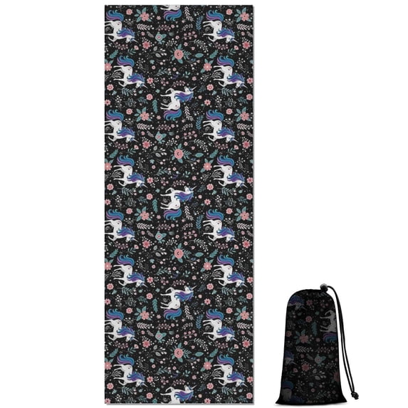 Black Cartoon Unicorn Flower Pattern Hot Yoga Mat Towel Non Slip for Hot Yoga - Quick-Drying Yoga Mat Cover with 4 Corner Pockets with Travel Bag - Hot Yoga Towel Non Slip 70"x26"
