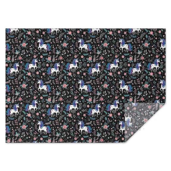 Black Cartoon Unicorn Flower Pattern Rectangle Tablecloth 60"x84",Waterproof Polyester Rectangle Table Cloth, Wipeable Spillproof Polyester Tablecloth for Dining, Camping, Indoor and Outdoor
