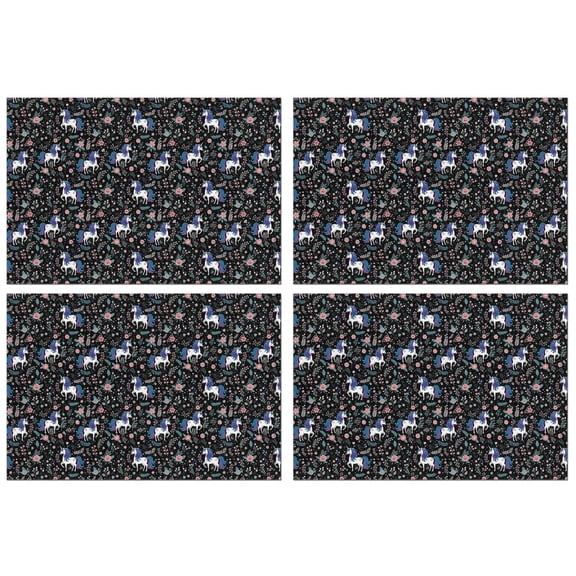 Black Cartoon Unicorn Flower Pattern Summer Placemats Table Placemats Set Of 4-Linen Kitchen Washable Placemats Table Mats 11.8"x17.7" Non-Slip Heat Resistant