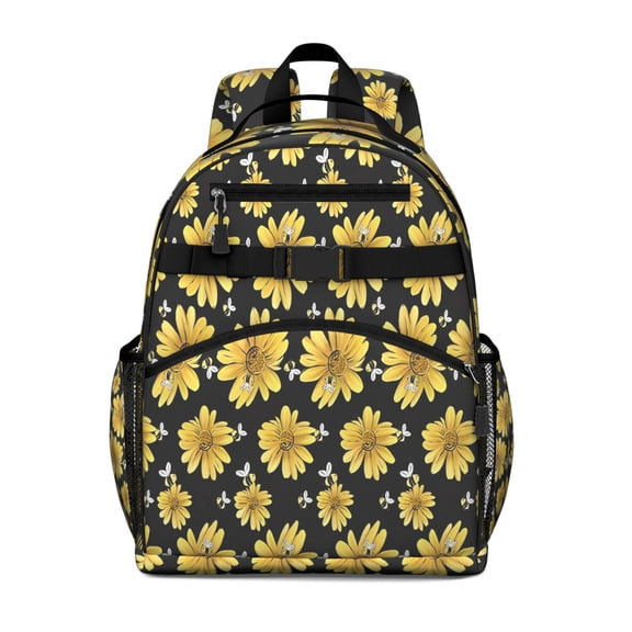 Black Bee Yellow Flower Pattern Backpack for School,Cute School Bag,Schoolbag with Adjustable Shoulder Straps & Padded Back,15.25"x11.5"x5.25"
