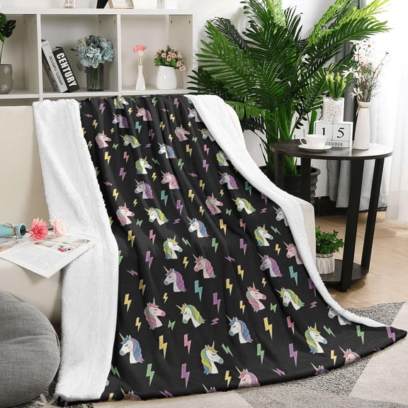 Black Cartoon Unicorn Lightning Pattern Blanket,Comfortable Soft Flannel Throw Blanket,All Season,Warm Lightweight Blankets for Sofa Bed Couch Living Room Chair,50"x60"