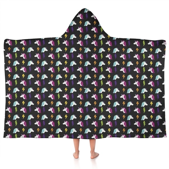 Black Cartoon Unicorn Lightning Pattern Hooded Bath Towel,50"x30" for Ages 3 To 12 Kids, Quick Dry Lightweight Soft Microfiber Hood Beach Towel Cover Up for Kids
