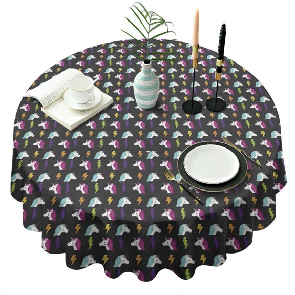 Black Cartoon Unicorn Lightning Pattern Round Tablecloth 60"x60",Wrinkle Wipeable Table Cloth for Kitchen Dining Room Picnic Patio Party