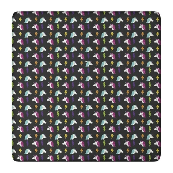 Black Cartoon Unicorn Lightning Pattern Square Fitted Tablecloth with Elastic Edge,Square Table Cover,Washable Elastic Table Cover for Home Kitchen Party Decor 36"x36"