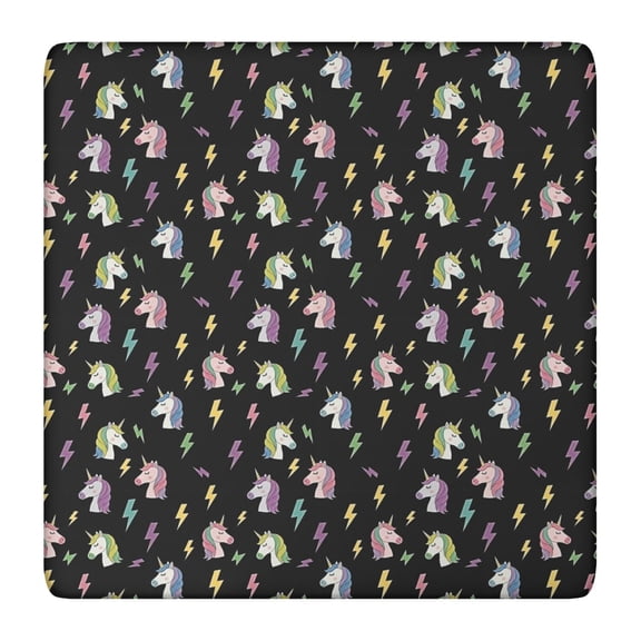 Black Cartoon Unicorn Lightning Pattern Square Fitted Tablecloth with Elastic Edge,Square Table Cover,Washable Elastic Table Cover for Home Kitchen Party Decor 36"x36"