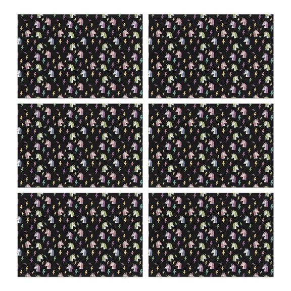 Black Cartoon Unicorn Lightning Pattern Summer Placemats Table Placemats Set Of 6-Linen Kitchen Washable Placemats Table Mats 11.8"x17.7" Non-Slip Heat Resistant