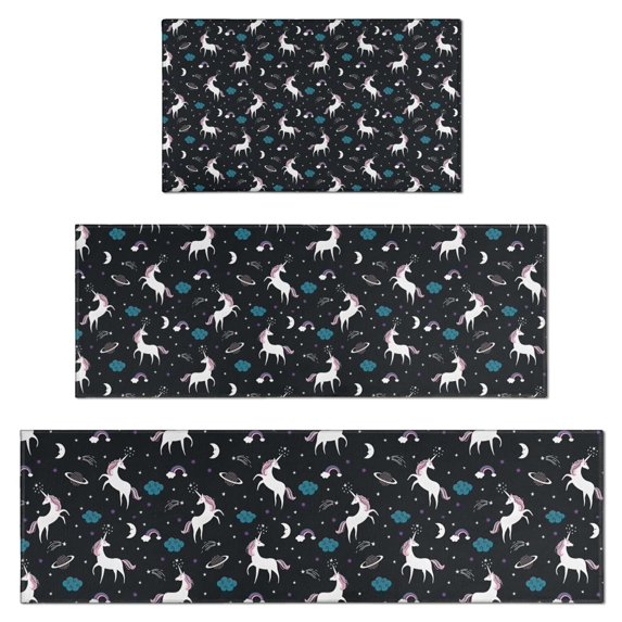 Black Cartoon Unicorn Moon Star Pattern Kitchen Rugs Sets Of 3,Kitchen Runner Rugs Non Skid Washable,Decorative Kitchen Floor Mats for Kitchen,Sink,Laundry,17"x30"+ 17"x47" + 17"x59"