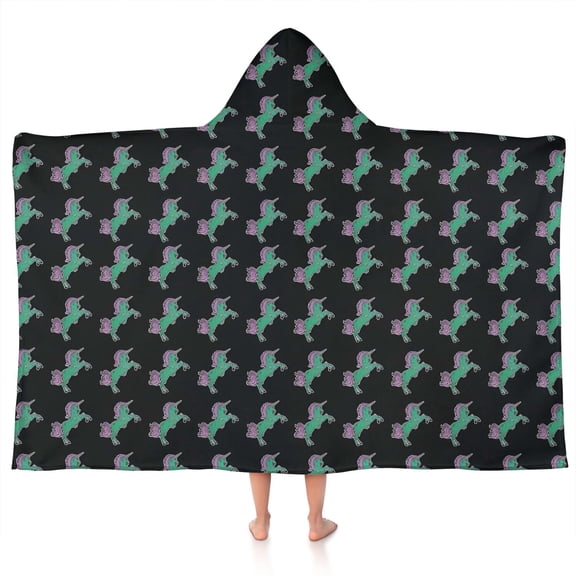 Black Cartoon Unicorn Pattern Hooded Bath Towel，50"x30" for Ages 3 To 12 Kids, Quick Dry Lightweight Soft Microfiber Hood Beach Towel Cover Up for Kids