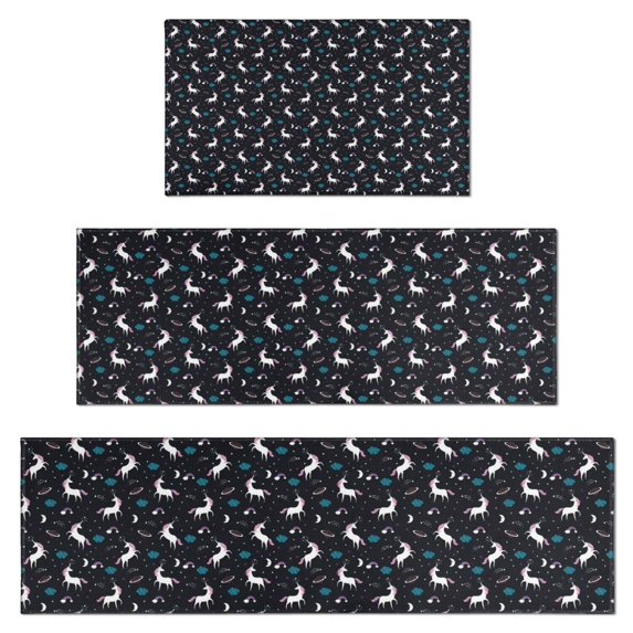Black Cartoon Unicorn Pattern Kitchen Rugs Sets Of 3,Kitchen Runner Rugs Non Skid Washable,Decorative Kitchen Floor Mats for Kitchen,Sink,Laundry,17"x30"+ 17"x47" + 17"x59"