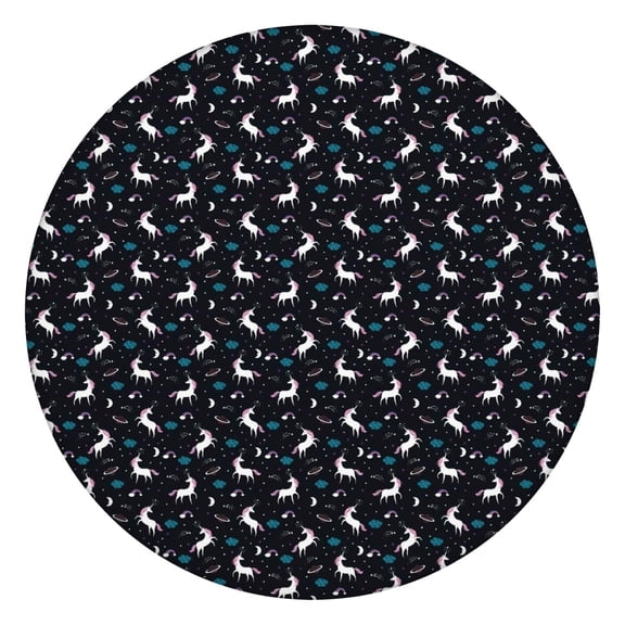 Black Cartoon Unicorn Pattern Round Fitted Tablecloth with Elastic Edge,Dining Table Cover Waterproof,Outdoor Round Tablecloth for Camping,Dining,Indoor and Outdoor