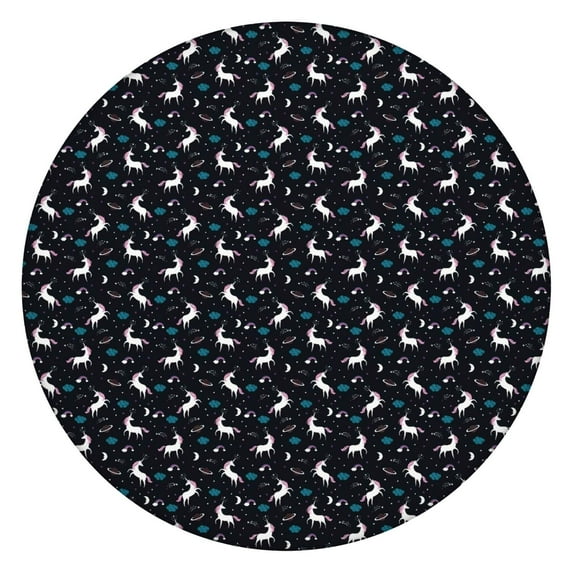 Black Cartoon Unicorn Pattern Round Fitted Tablecloth with Elastic Edge,Dining Table Cover Waterproof,Outdoor Round Tablecloth for Camping,Dining,Indoor and Outdoor