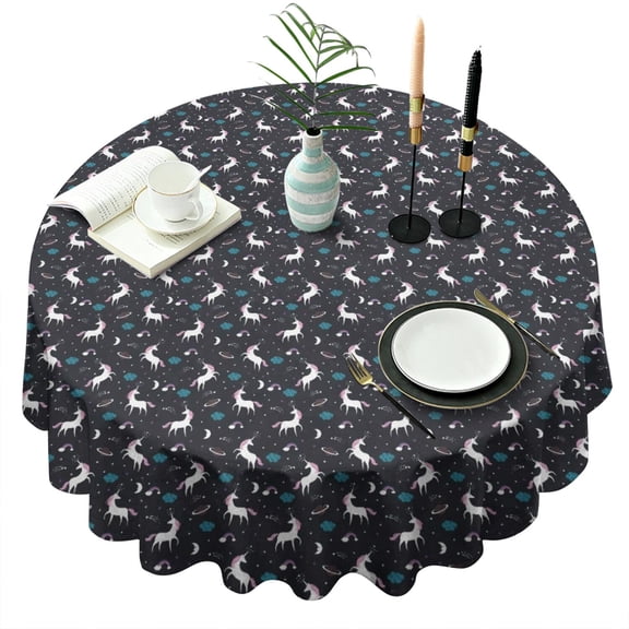 Black Cartoon Unicorn Pattern Round Tablecloth 60"x60",Wrinkle Wipeable Table Cloth for Kitchen Dining Room Picnic Patio Party