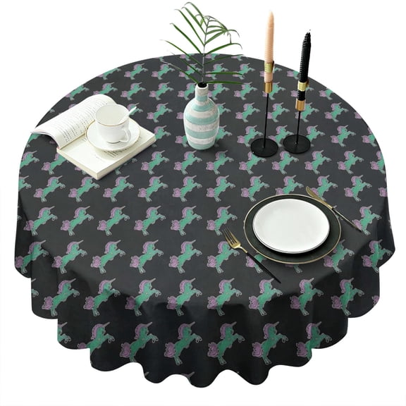 Black Cartoon Unicorn Pattern Round Tablecloth 60"x60",Wrinkle Wipeable Table Cloth for Kitchen Dining Room Picnic Patio Party