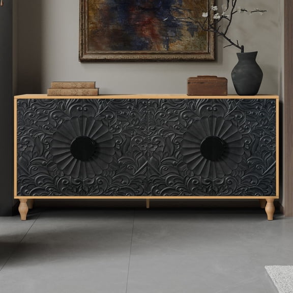 Black Carved Symmetrical Design Door And Wood Coloured Frame For TV Stand Table Living Room Entryway