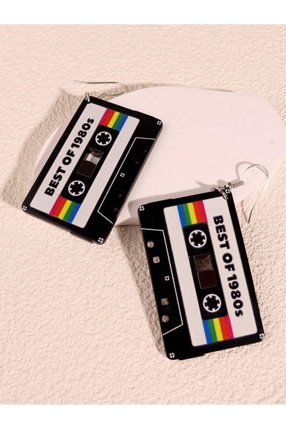 Black Cassette Tape Dangle Earrings With Rainbow Stripe Design For