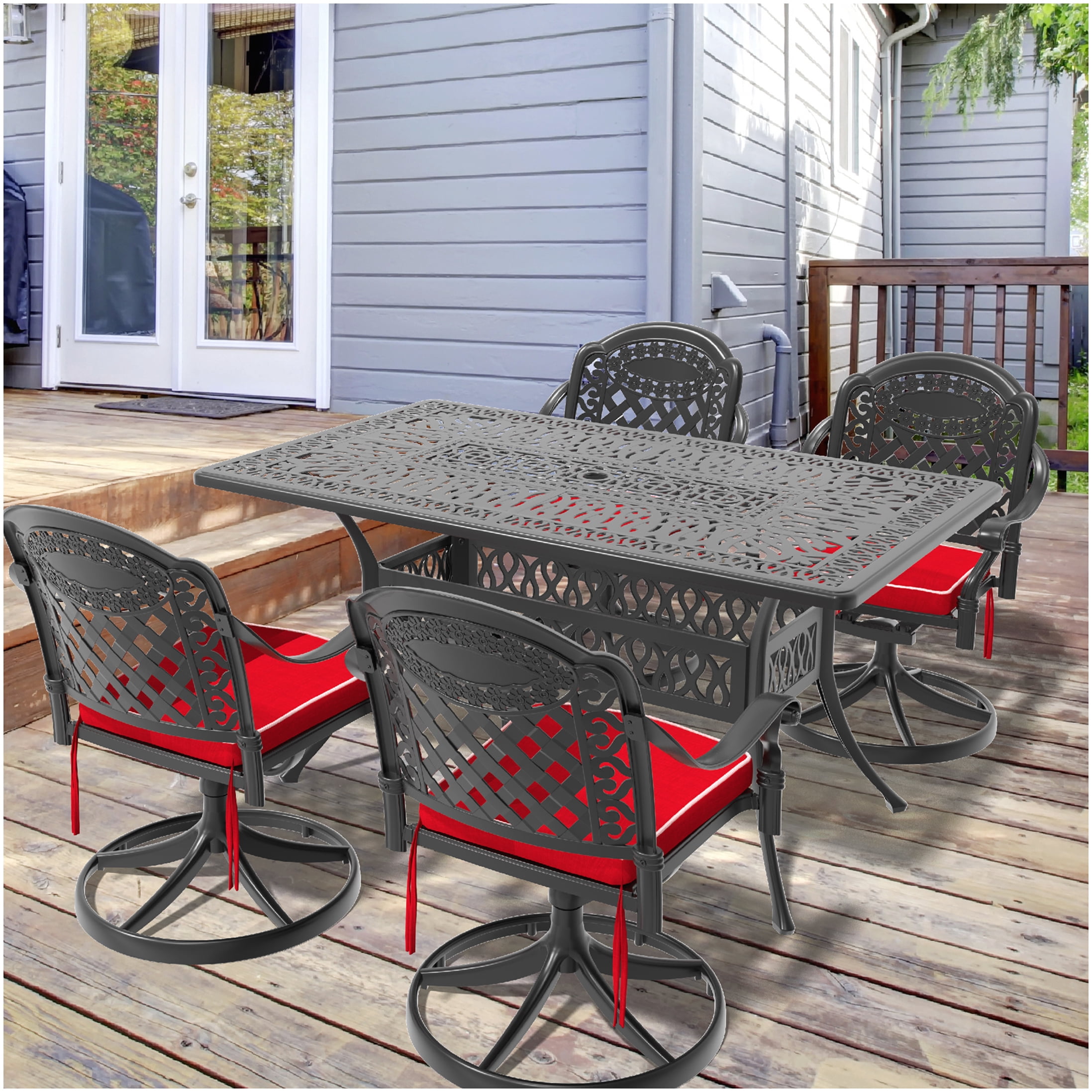 Black Cast Aluminum Outdoor Dining Set with 4 Swivel Chairs and Table ...