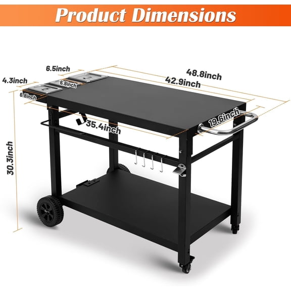 Black Cast Iron 2-Shelf Grill Cart with Wheels, Heavy Duty Pizza Oven Stand for , Outdoor Cooking Station with Tabletop