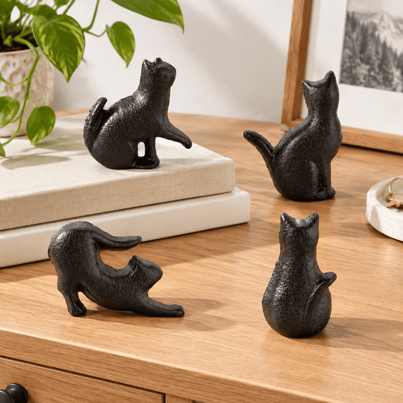 Black Cast Iron Vintage Cat Drawer Cabinet Pull Knobs Set of 4
