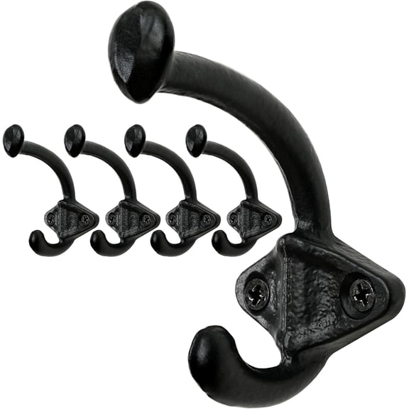 Black Cast Iron Wall Hooks - Farmhouse Style, Pack of 5, Dual-Direction Hanging Design - Ideal for Coat, Backpack, Towel - Perfect for Entryway, Mud Room, Bathroom Dry Area