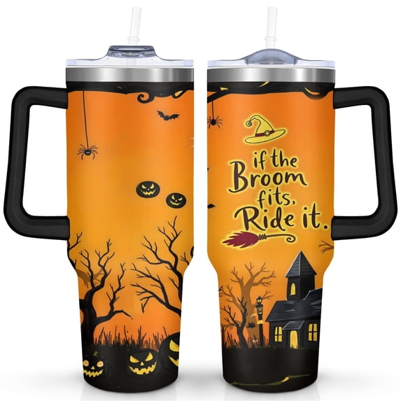 Black Castle on Halloween 40 Oz Tumbler with Handle Lid and Straw, Stainless Steel Double Walled Vacuum Insulated Cup, Cute Birthday Gifts Tumbler for Women Men Friends