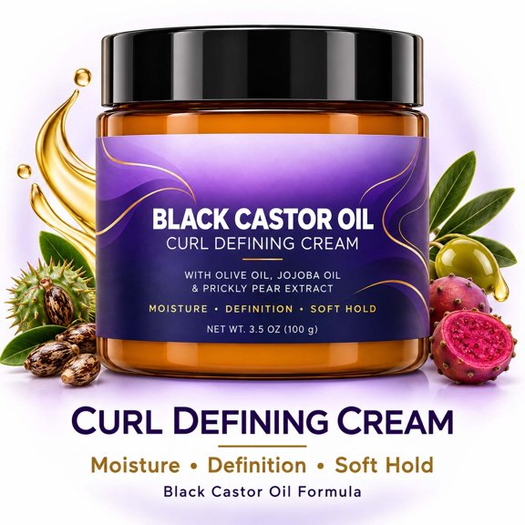 Black Castor Oil Curl Cream with Jojoba Oil, 3.5 Fl. Oz, Moisturizing Curl Defining Cream with Olive Oil, Prickly Pear Extract, Soft Hold for Curly & Textured Hair