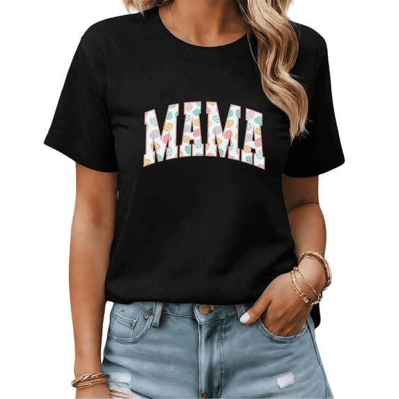Black Casual Cute Easter Mama Egg Print T-Shirt Graphic Tees Shirts Easter Gift S-5XL Tops
